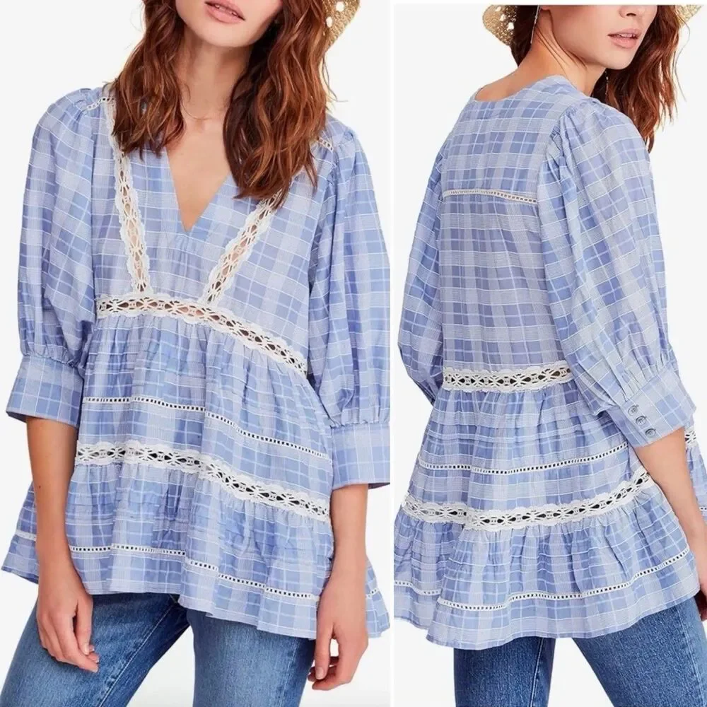 Free People Time Out Lace Trim Tunic Lagenlook Blue White Plaid Top